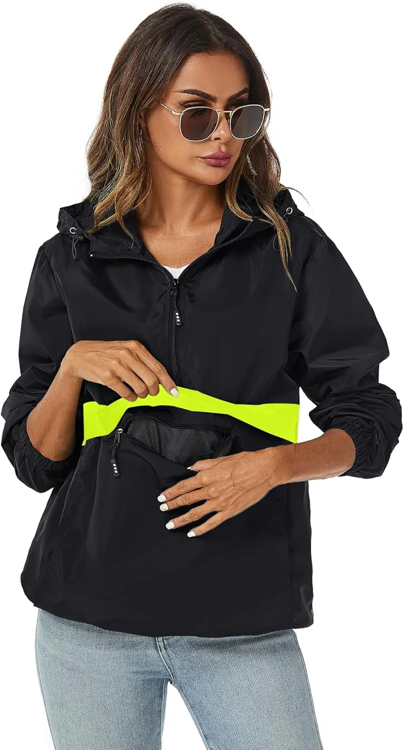 Avoogue Womens Rain Jacket with Hood,Pullover,Packable,Lightweight,Windbreaker,Waterproof,Breathable.