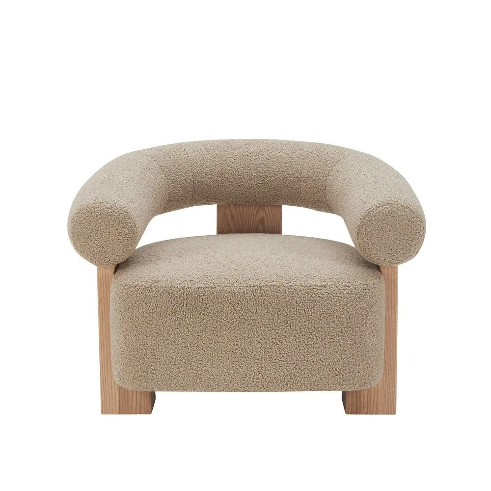 Cid Lami 37 Inch Accent Chair, Tan Brown Faux Sheepskin, Solid Oak Wood By Casagear Home