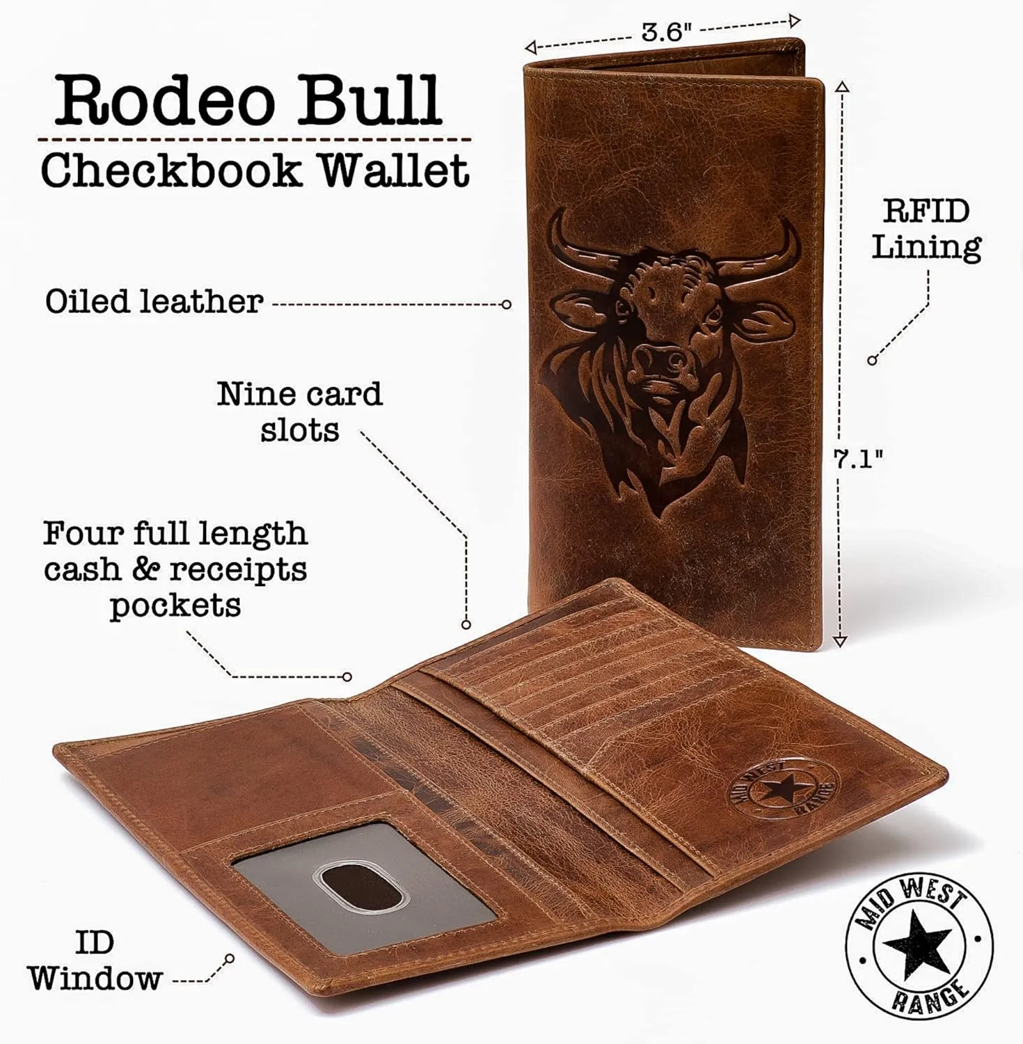 Rodeo Bull Western Wallet for Men. Full Grain Leather Checkbook Wallet. RFID Blocking Rodeo Bull Long Wallet for Men. Gift Wallet for Cowboys