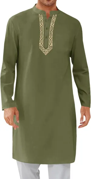 Runcati Mens Kaftan Thobe Button Down Casual Henley Shirts Long Sleeve Robe Cotton Linen Muslim Gown Shirt