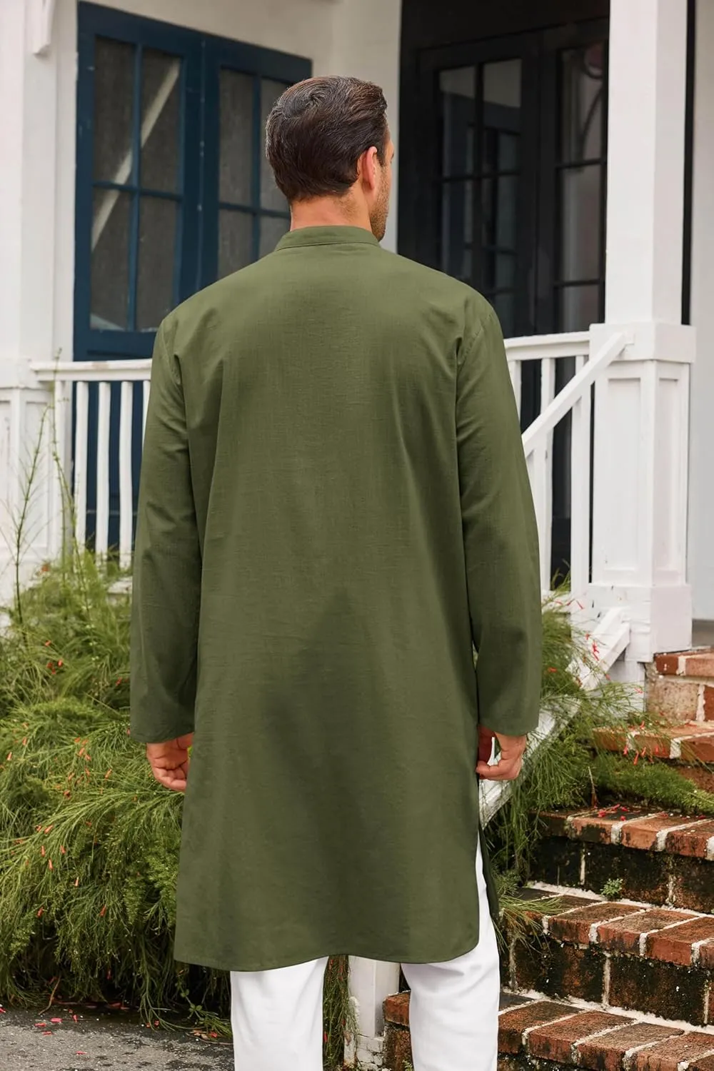 Runcati Mens Kaftan Thobe Button Down Casual Henley Shirts Long Sleeve Robe Cotton Linen Muslim Gown Shirt