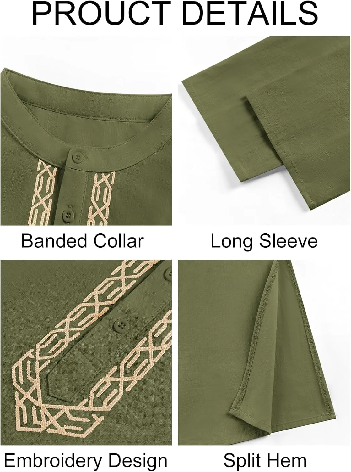 Runcati Mens Kaftan Thobe Button Down Casual Henley Shirts Long Sleeve Robe Cotton Linen Muslim Gown Shirt
