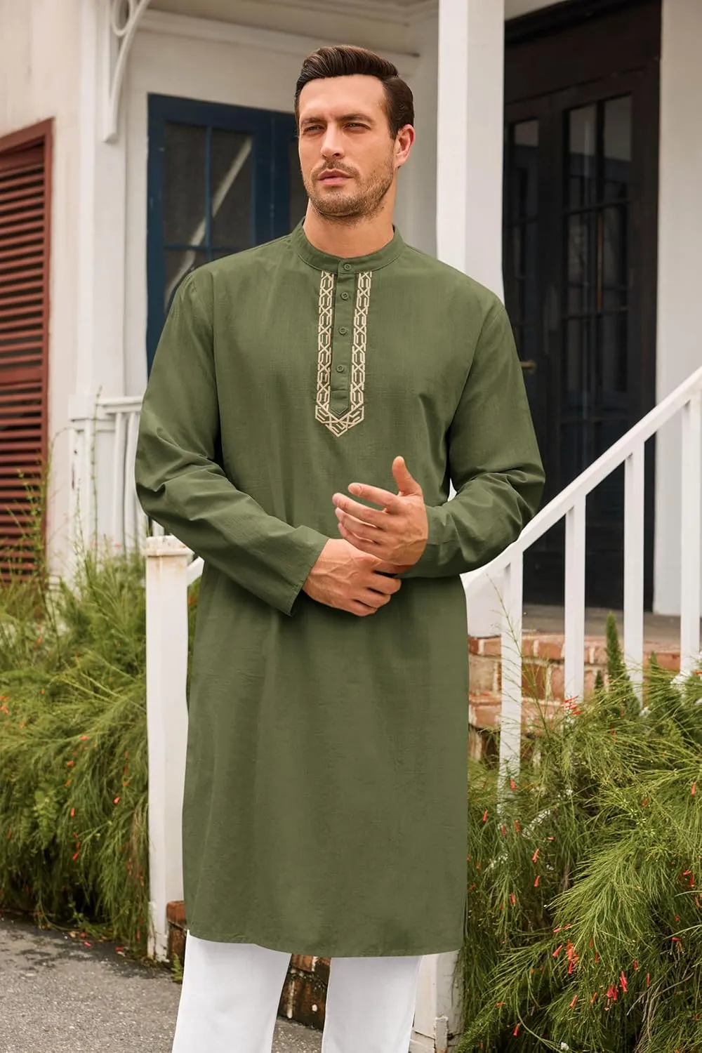 Runcati Mens Kaftan Thobe Button Down Casual Henley Shirts Long Sleeve Robe Cotton Linen Muslim Gown Shirt