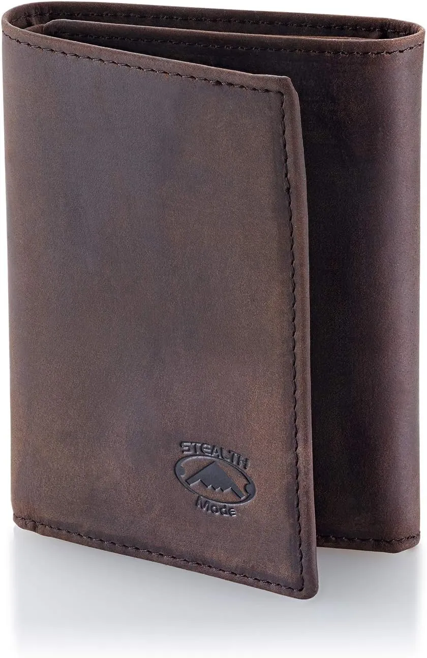 Stealth Mode Leather Trifold RFID Wallet For Men With Flip Out ID Holder (Crazy Horse Brown)